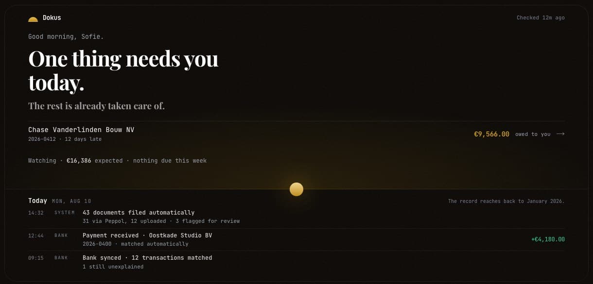 The Dokus dashboard: one item needing a decision, with documents filed and bank transactions matched automatically