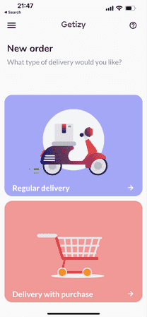 Getizy app: new order screen