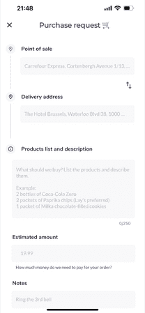 Getizy app: purchase request screen