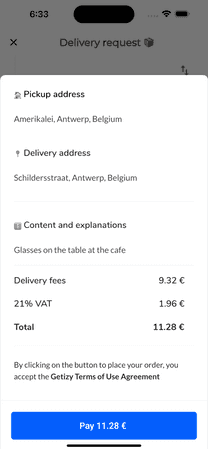 Getizy app: delivery request and payment screen