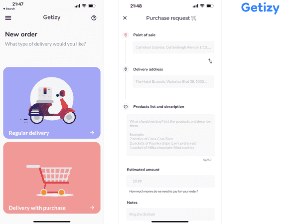 Two Getizy app screens showing the ordering flow