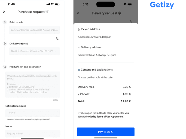 Two Getizy app screens showing the payment flow